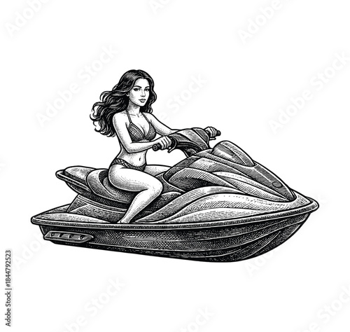 Woman Riding Jet Ski – Vintage Engraving Illustration