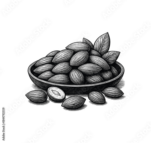 Almond Nuts in Wooden Bowl – Vintage Engraving Illustration