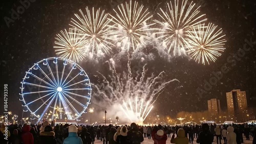 A vibrant winter night scene captures a large crowd of people gathered outdoors, their backs to the camera, looking up at a spectacular fireworks display. The dark sky is initially illuminated by dazz