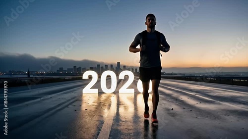 An athletic individual stands purposefully on a wet, illuminated road with a modern urban skyline silhouetted against the soft light of dawn or dusk. Large, glowing numbers, representing 