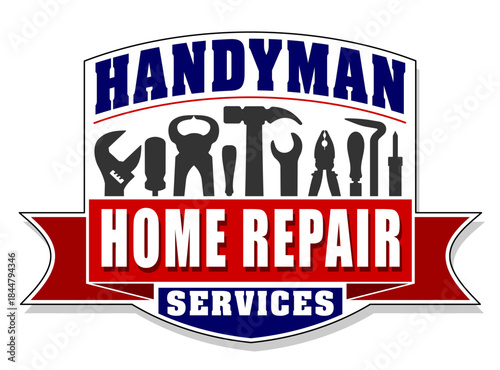A design shows various tools commonly used for home repair and maintenance. The text presents handyman services, emphasizing practical solutions for home needs.
