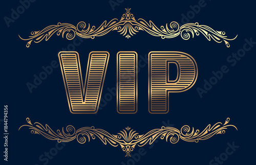 Gold rich decorated VIP design on a dark blue background.