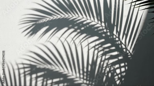 Dynamic shadows of lush palm fronds gracefully sway and shift across a bright, textured white wall, creating a serene and captivating natural pattern. The subtle movement evokes a sense of peace and t