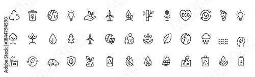 Eco sustainability icon set, clean black glyph symbols for renewable energy, recycling, tree and leaf nature care, solar and wind power, conservation and environment-friendly concepts, climate ecology