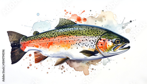 Rainbow Trout fish watercolor illustration with splashes, isolated on white background.