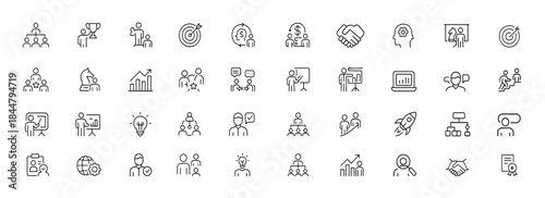 Business management icon collection featuring thin linear people symbols, teamwork, leadership, marketing, finance, presentation and collaboration pictograms, corporate strategy graphics,