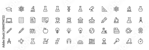Education and Science Icon Set, modern glyph symbols of atom, microscope, DNA, lab flask, test tube, telescope, laptop, checklist, clipboard, ideal for research, learning, study, school branding