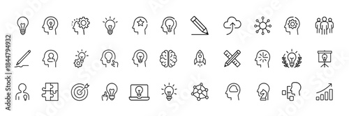 Idea & Creativity Line Icon Set, minimal outline pictograms for innovation, problem-solving, insight, brainstorming, imagination, concept design, thin stroke vector illustration, startup, cognition