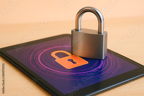 Digital Security Padlock on Tablet Screen