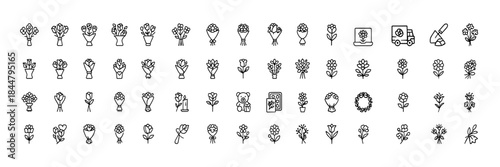 Flower Bouquet Line Icons, elegant thin stroke vector pictograms of floral arrangement, vase, wrap, roses, gifts, wedding or birthday service, celebration design, romantic bloom, decorative charm
