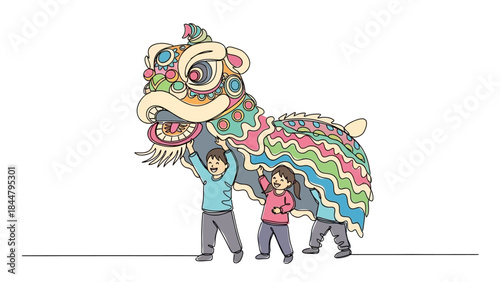 Children participating in a colorful and lively traditional Chinese dragon dance performance
