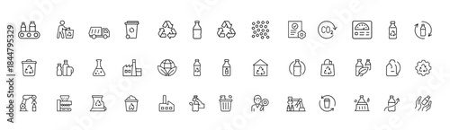 Recycled plastic icon collection in clean thin-line style, featuring waste sorting, conveyor flow, logistics truck, chemical and thermal energy symbols for eco reuse and sustainability