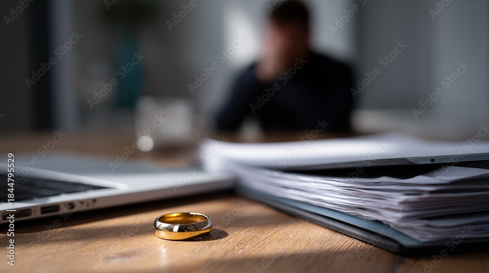 Fototapeta premium Divorce documents on desk with wedding ring and laptop after separation decision