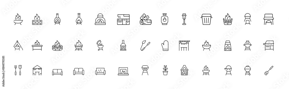 Fototapeta premium Backyard firepit icon collection featuring clean thin-line vector symbols of outdoor patio setups, chiminea, pizza oven, fireplace tools, propane tank, grill area, garden furniture, summer barbecue