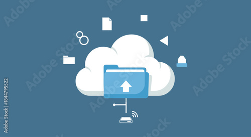 cloud storage and data transfer concept with upload folder and wireless connection illustrating