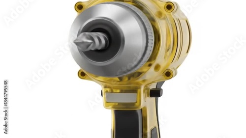 Transparent Yellow Cordless Drill Isolated on White Background.
