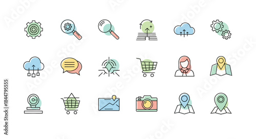 Collection of 16 colorful and minimalistic technology and business related icons for digital