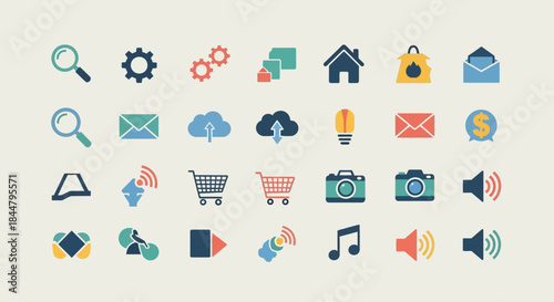 Collection of 24 Various Icons Representing Technology Communication and Shopping