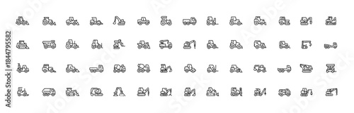 Construction Vehicle Icon Set, Thin-Line Vector Symbols of Bulldozer, Loader, Grader, Paver, Roller, Hauler, Utility Truck, Concrete Mixer, Heavy Machinery Equipment, Industry Tools, outline pictogram