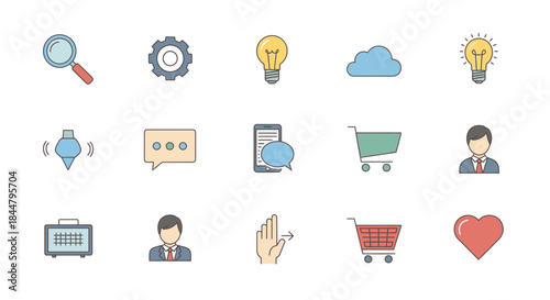 Collection of colorful icons representing technology, communication, and innovation tools for