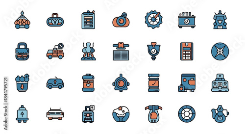 Collection of colorful icons representing various transportation, leisure, and utility items in a