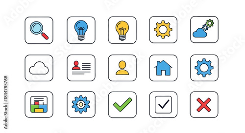 Collection of icons representing technology innovation, cloud computing, and data management