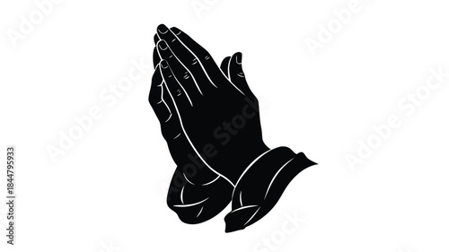 A silhouette of praying hands against a plain white background symbolizing faith and devotion