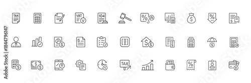 Tax and finance line icon collection for accounting, budgeting, and regulatory compliance, featuring audit, VAT, invoices, payroll, deductions, payment tracking, corporate finance icons
