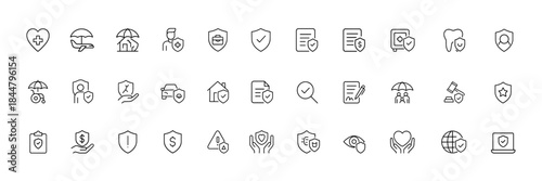 Insurance and Protection Vector Line Icon Set, health travel home business liability coverage concepts, policy claim risk assessment shield symbols, security safety finance icons