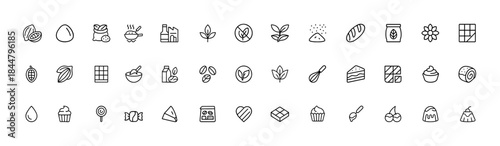 Chocolate icon set for desserts and confectionery, cocoa bean to factory workflow, truffles roasting ingredients, allergy friendly sweets, artisan chocolate types, baking food vector illustration