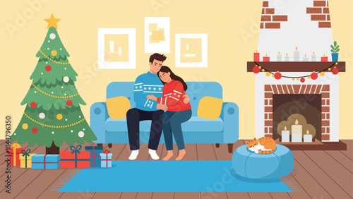 Cozy Christmas Eve scene: A couple embraces by a fireplace with a decorated tree and gifts, a cat naps nearby.