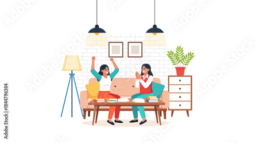 Two women enthusiastically celebrating a shared success in a cozy living room, surrounded by books and plants.