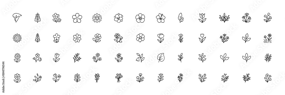 Naklejka premium Flower and botanical icon set, vector glyph silhouettes featuring magnolia, dahlia, calla lily, primrose and garden plants, elegant black floral pictograms for nature decoration, spring summer flora