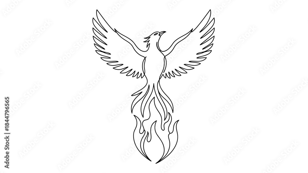 Fototapeta premium Elegant Line Drawing of a Stylized Phoenix Bird with Outstretched Wings and Flaming Tail for