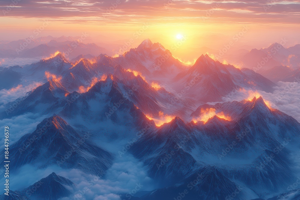 Obraz premium Dramatic mountain ranges at sunrise with minimal cloud cover in 8K resolution