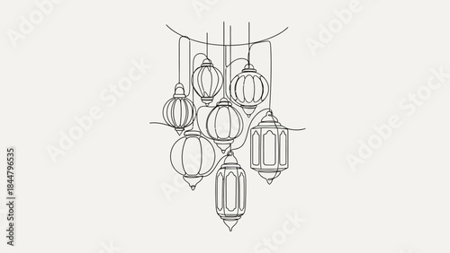 Elegant Line Drawing of a Cluster of Traditional Lanterns with Intricate Details for Decorative