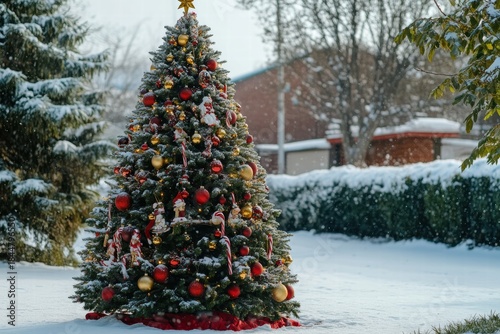 Decorated Christmas tree stands in snowy yard during winter season with soft snow falling