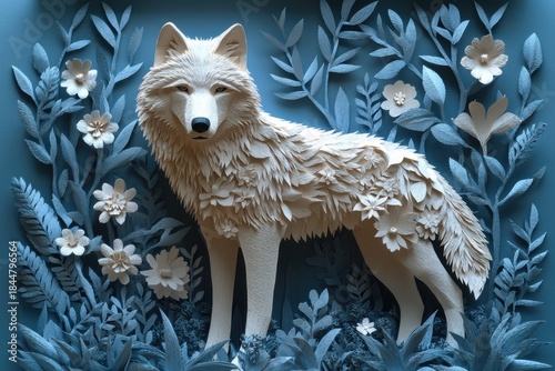Handcrafted paper sculpture of white wolf in blue forest with paper leaves and flowers
