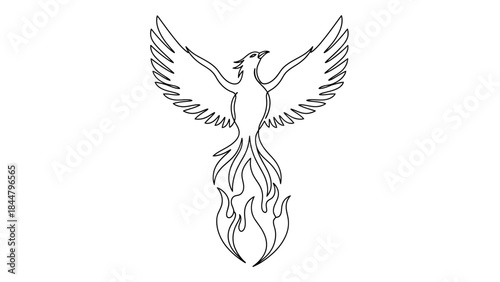 Elegant Line Drawing of a Stylized Phoenix Bird with Outstretched Wings and Flaming Tail for
