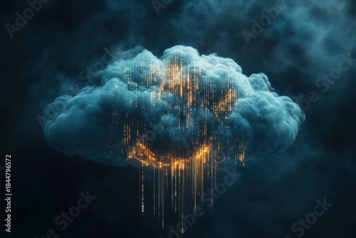 Digital cloud with binary data streams in an abstract style at high resolution