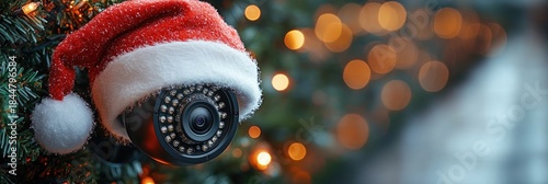 Surveillance camera with Santa hat captures holiday spirit in festive setting