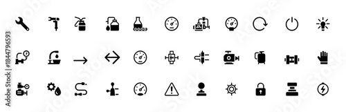 Hydraulic and pneumatic manufacturing glyph icon set, black silhouette vector pictograms for industrial tools, lubrication systems, conveyors, fluid control, forward and reverse operations