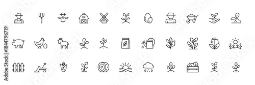 Farm agriculture icon set, thin linear vector pictograms of farmer and rural life, livestock animals, crops and tools, barn and field elements, outline illustration for farming, harvest, nature