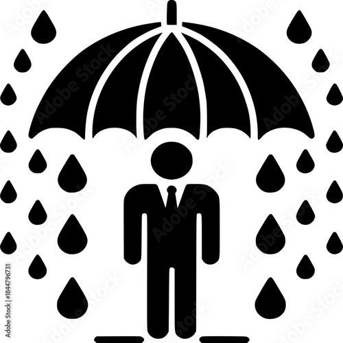 Protection from the Storm: An illustration showing a person sheltered beneath an umbrella, surrounded by falling raindrops, creating a visual metaphor for protection and safety.