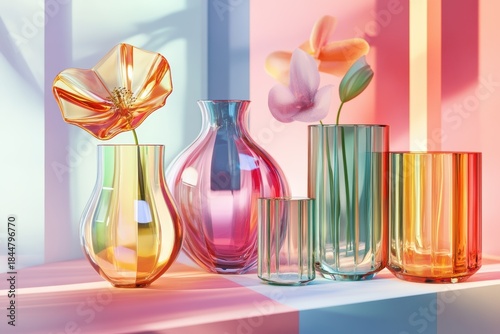 Colorful glass objects with flowers on a colorful surface in bright light