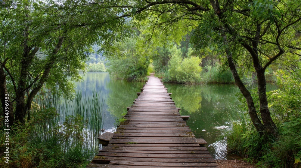 Obraz premium A wooden walkway leads over still water with lush green trees and plants on either side. The scene shows daytime light and reflects nature's beauty.