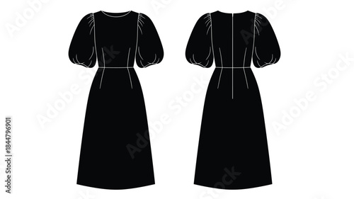 Technical fashion illustration of a black long dress with voluminous balloon sleeves front and back views