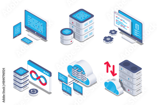 Isometric server equipment icons set. Vector collection of data center, cloud storage, coding screens, DevOps symbols, and network hardware illustrations for web hosting and IT infrastructure.