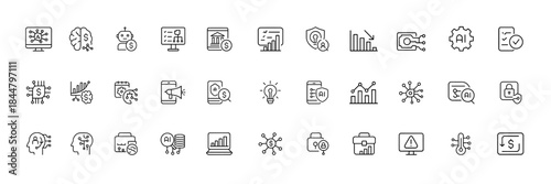 Finance AI icon set with thin linear vector symbols for digital banking, fintech analytics, smart transactions, chatbot systems, mobile finance apps, fintech ai icons, digital banking vector