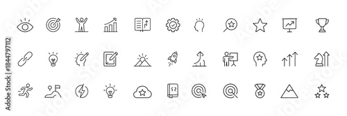 Energy and motivation line icon set, thin linear vector pictograms for focus, goals, achievement, growth, discipline, consistency, inspiration, success, progress tracking, self improvement